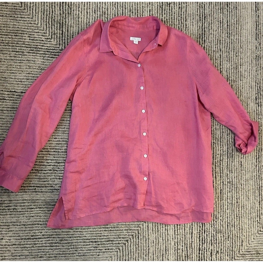J. Jill Love Linen Essential Shirt Blouse Pink Button up Roll Tab Sleeve Large